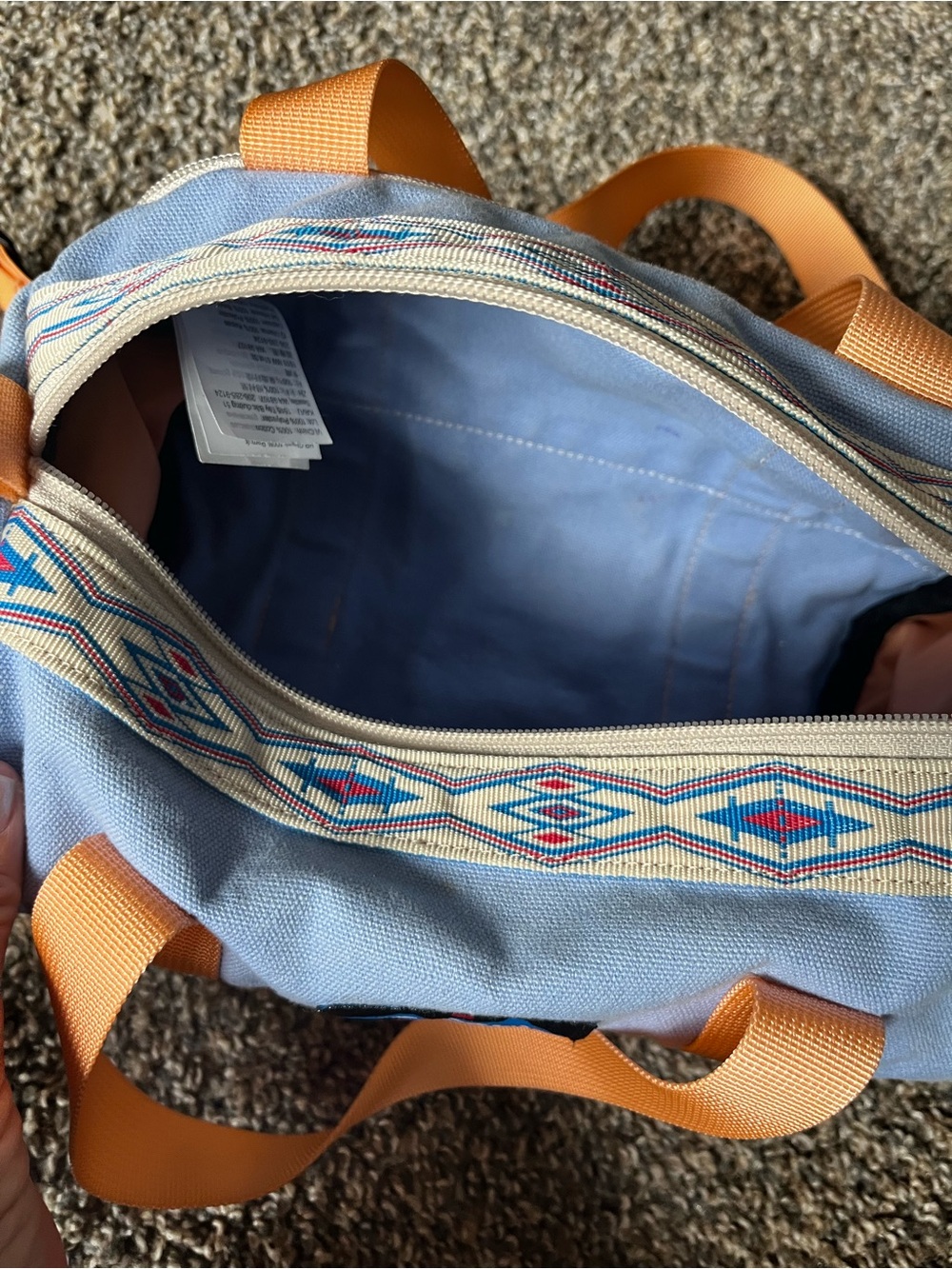 KAVU Light Blue and Tan Canvas mini Duffel Bag with Orange Straps - Picture 2 of 4